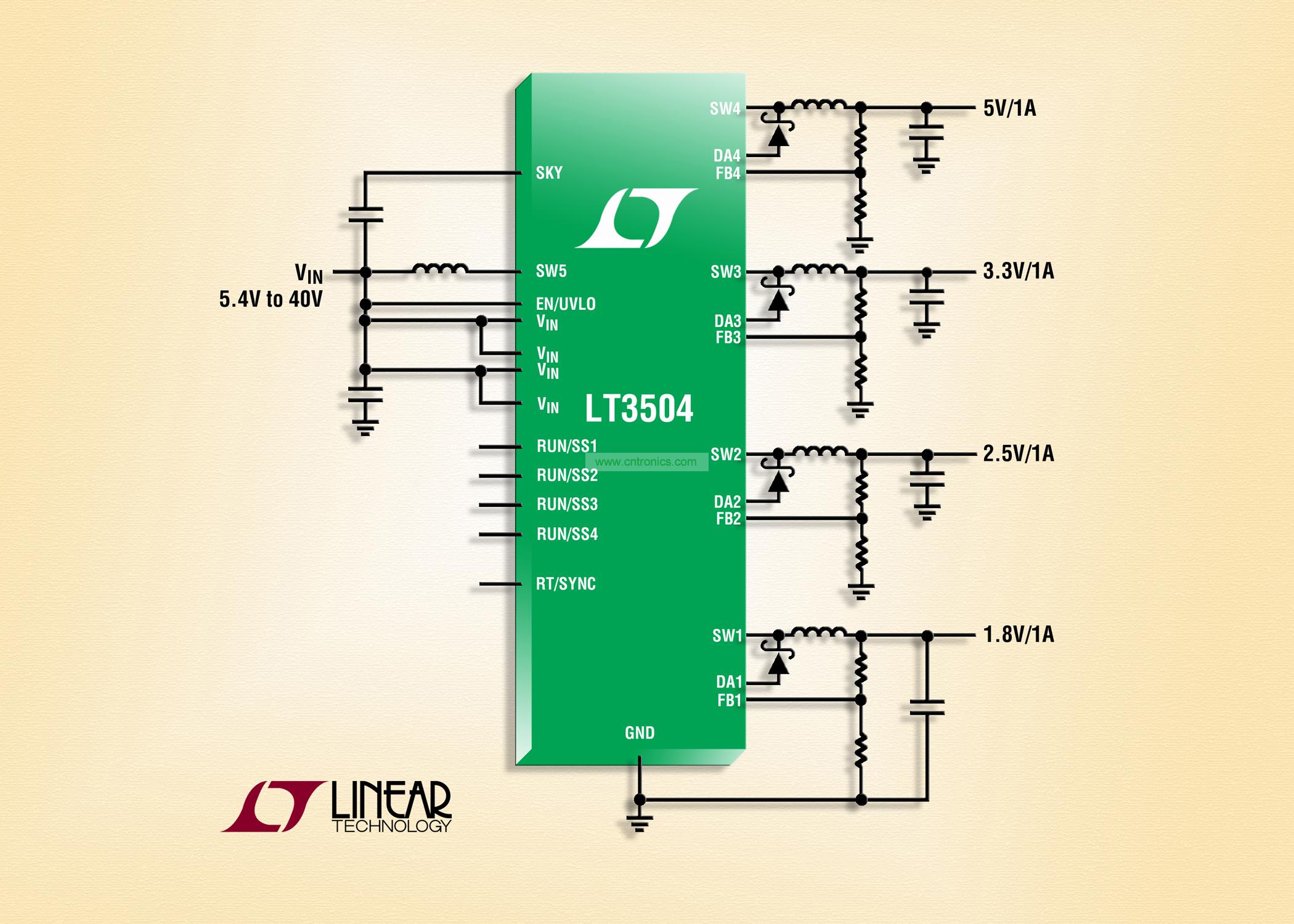 40V、4 通道 1A (IOUT)、2.2MHz 降壓型 DC/DC 轉(zhuǎn)換器