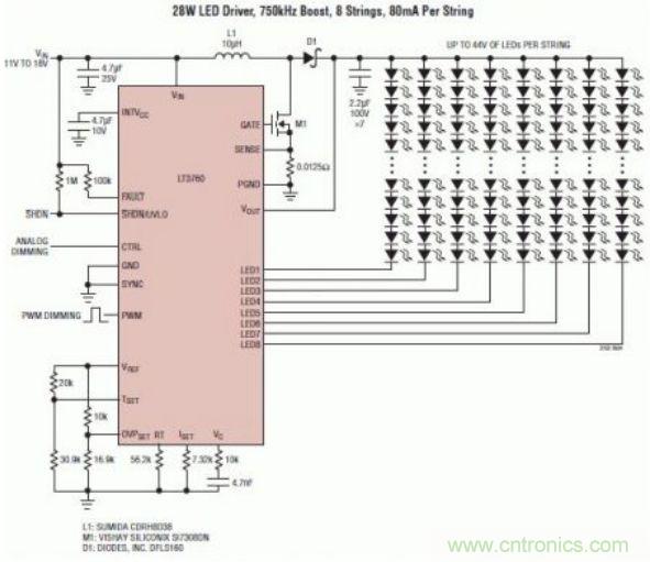 采用 LT3760、效率為 90% 的 28W LED 背光照明電路