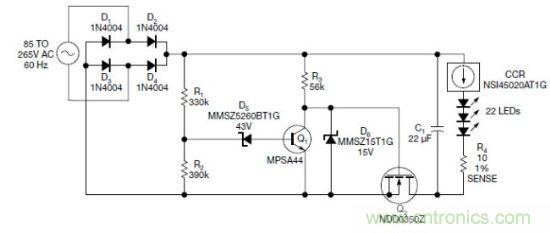 圖1：電路以恒流驅(qū)動一串LED，可用于全世界的各種交流電壓