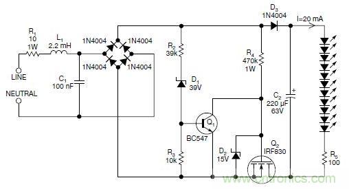 圖2：斬波工作類似圖1中的電路，但以較大的LED串聯(lián)電阻代替了恒流源，提供限流功能