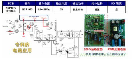 基于NCP1075開關(guān)穩(wěn)壓器和200 V預(yù)穩(wěn)壓器的極寬電壓范圍15 W參考設(shè)計(jì)。