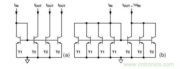 （a） 多級電流鏡 （b） 非整數(shù)比例電流鏡可將3個T2集電極結(jié)合起來，得到3IIN
