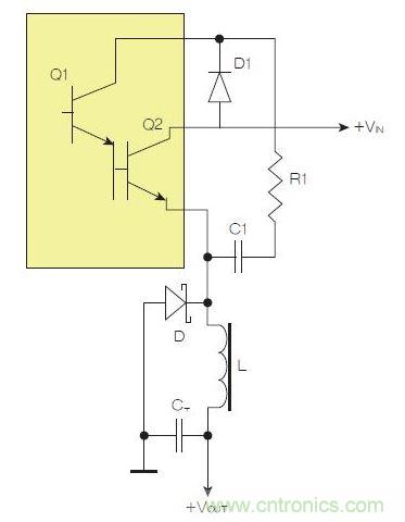 為了實現(xiàn)用兩個元器件提升電源轉換效率，芯片上應有針對驅動器晶體管Q1集電極的單獨引腳。
