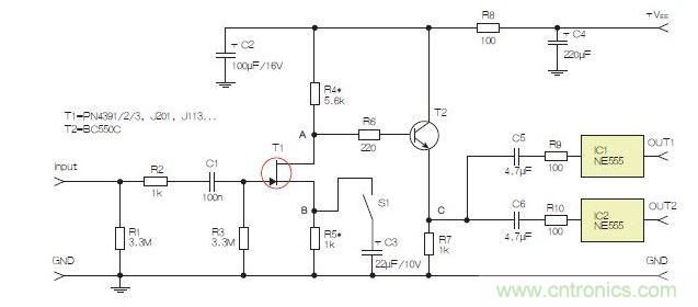 所示電路采用兩個工作在不同頻率下的555定時器，以獲取不同的音