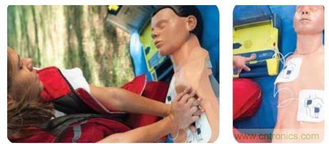 胸部按壓CPR(左圖)迫使血液循環(huán)，為大腦及其它生命器官供血，直到AED重啟心臟(右圖)。
