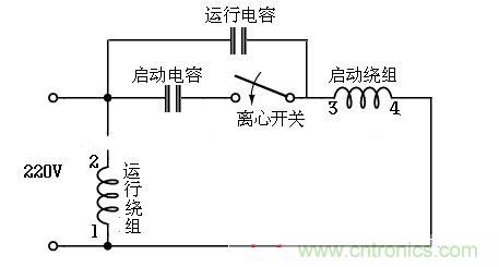  電容啟動(dòng)運(yùn)轉(zhuǎn)型接線(xiàn)電路（雙值電容器）