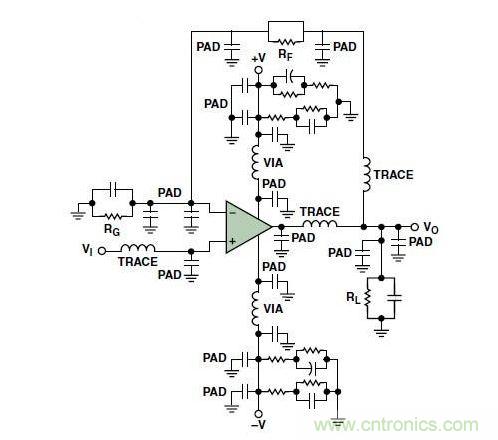 典型的運(yùn)算放大器電路，(a)原設(shè)計(jì)圖，(b)考慮寄生效應(yīng)后的圖