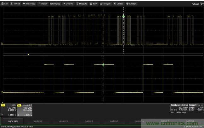 使用CustomDSO運行VB腳本“zoom_Track.lss”。當(dāng)腳本運行時，縮放波形的中心將跟蹤水平的光標(biāo)絕對位置。從圖中可以看出，光標(biāo)將永遠位于縮放波形Z1的中心