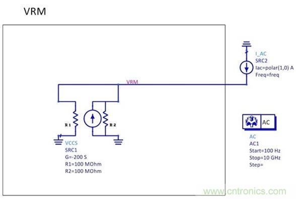 圖1:70A/V的跨導(dǎo)源與負反饋連接在一起(注意SRC1中的負號)。SRC2是一種交流信號，用于監(jiān)視與頻率有關(guān)的輸出阻抗。