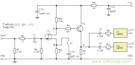 圖3：采用兩個工作在不同頻率下的555定時器電路，以獲取不同的音效。