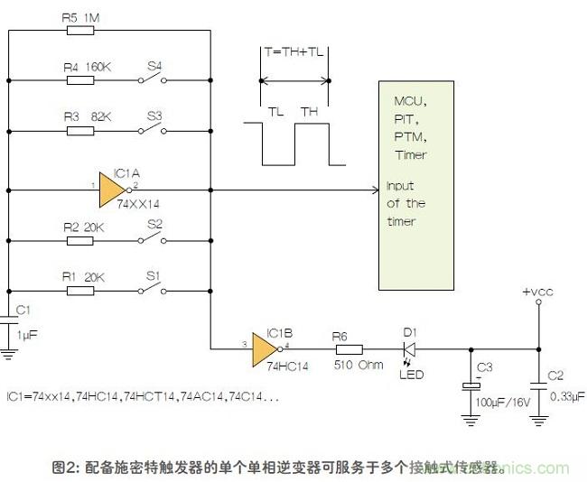 如何用單個(gè)施密特觸發(fā)器測(cè)量?jī)蓚€(gè)電阻式傳感器或多個(gè)開關(guān)？